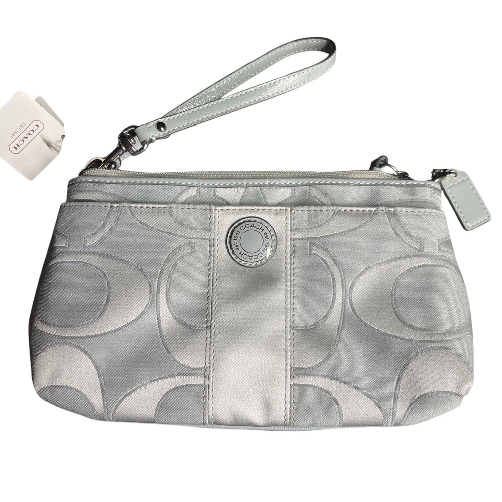 New COACH WRISTLET Signature Stripe Outline C Sateen SILVER GRAY Small Bag Purse